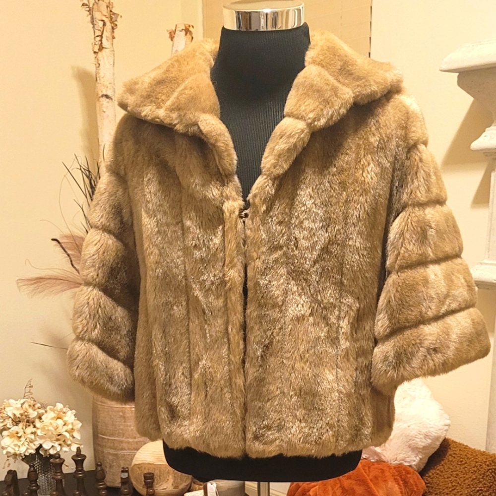 Vintage Faux Fur Caped Cropped Coat Regina Glenara by Glenoit, Size M, Sand/Tan